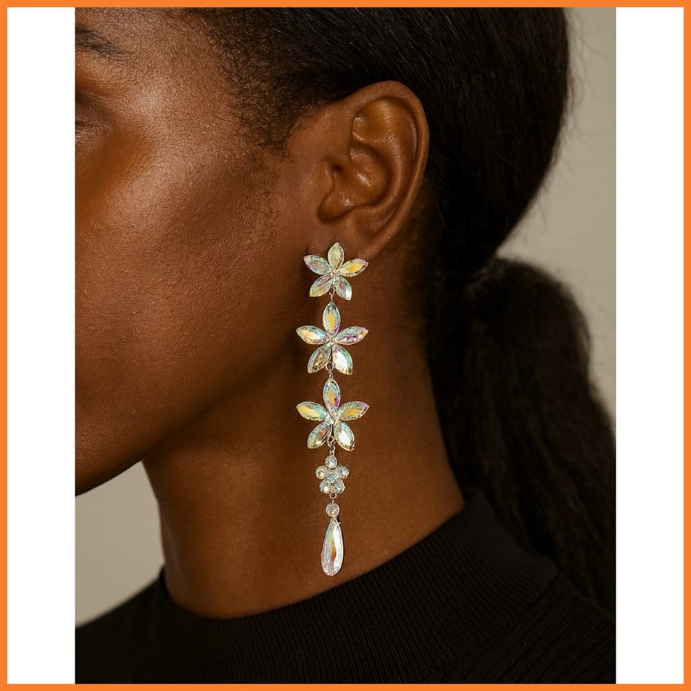 Floral, Silver Drop Long Earrings